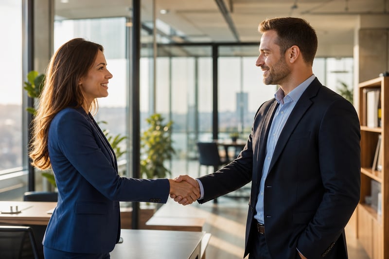 Man Hires Woman Shaking Hands
